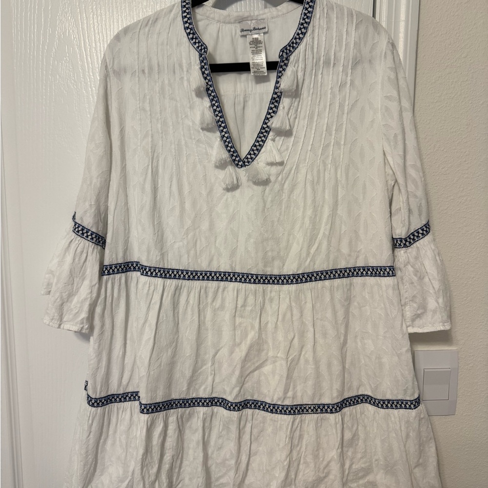 Tommy Bahama White and Blue Embroidered Dress